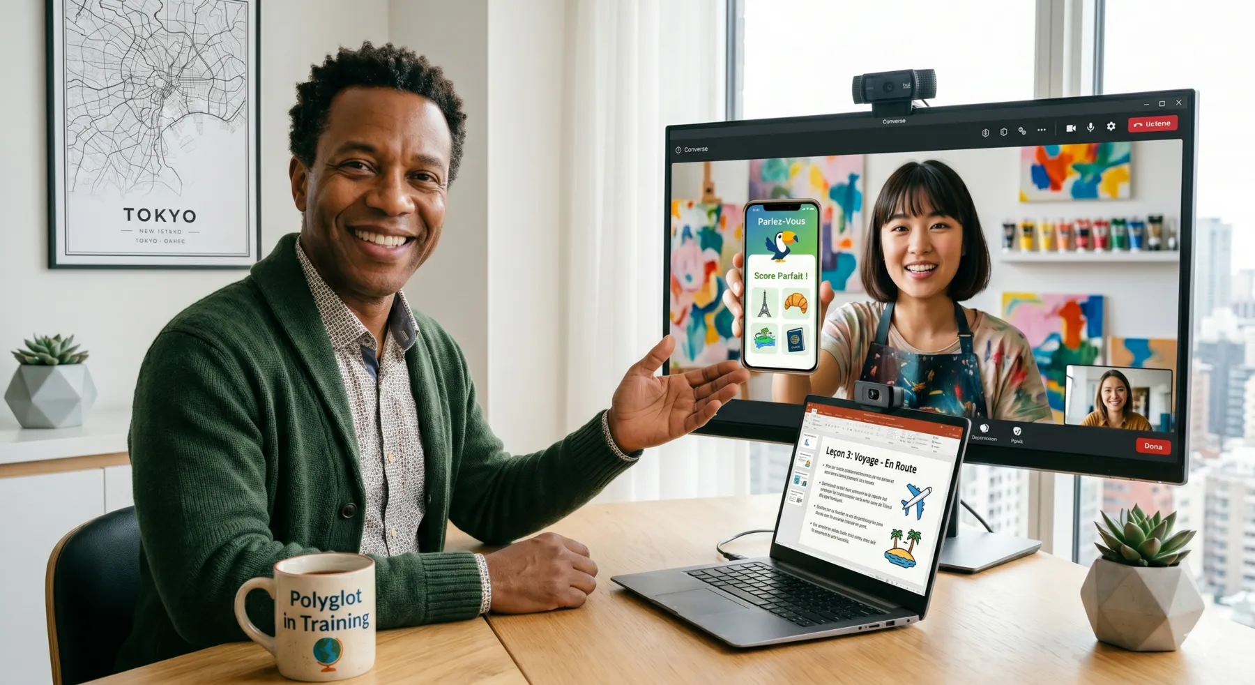 Language teacher in his home office, showing a student the practice app on a phone during a live online lesson