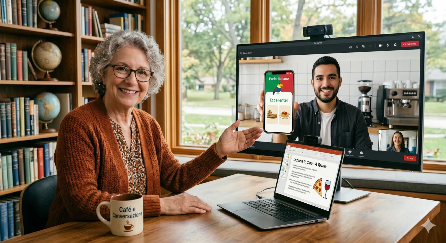 Italian language teacher showing her student the practice app on a phone, mid-lesson
