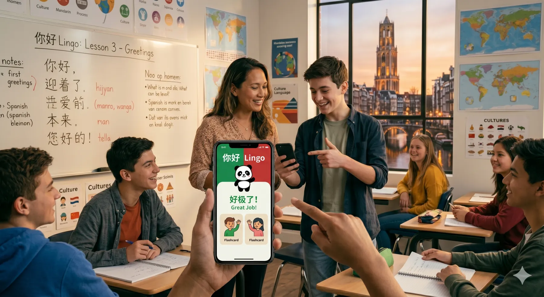 Teacher in a classroom with students, holding up a phone that shows the Lingo practice app mid-lesson